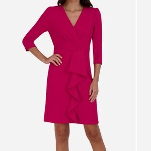 JULIA JORDAN 3/4 SLEEVE CASCADE RUFFLE DRESS SIZE 10 DRAGON FRUIT PINK